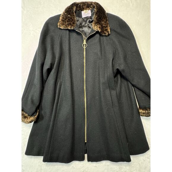 Rebecca Lyons Vintage Women’s LG Black Wool Coat Leopard Faux Fur Collar/Cuffs - Picture 6 of 8